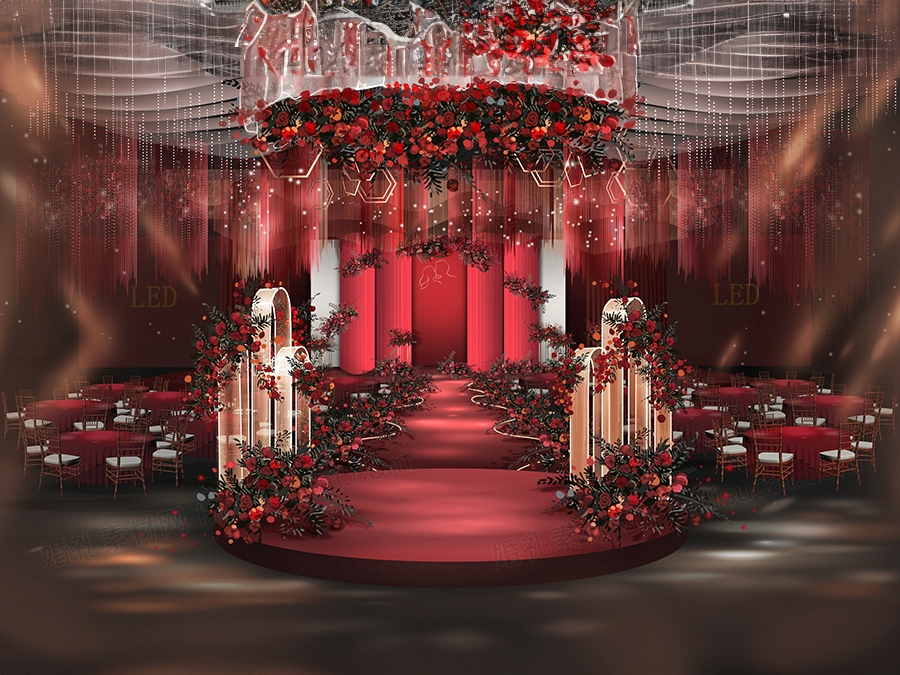 红白色欧式简约高端婚礼设计婚庆效果图舞台展示区背景素材psd - 婚礼素材网