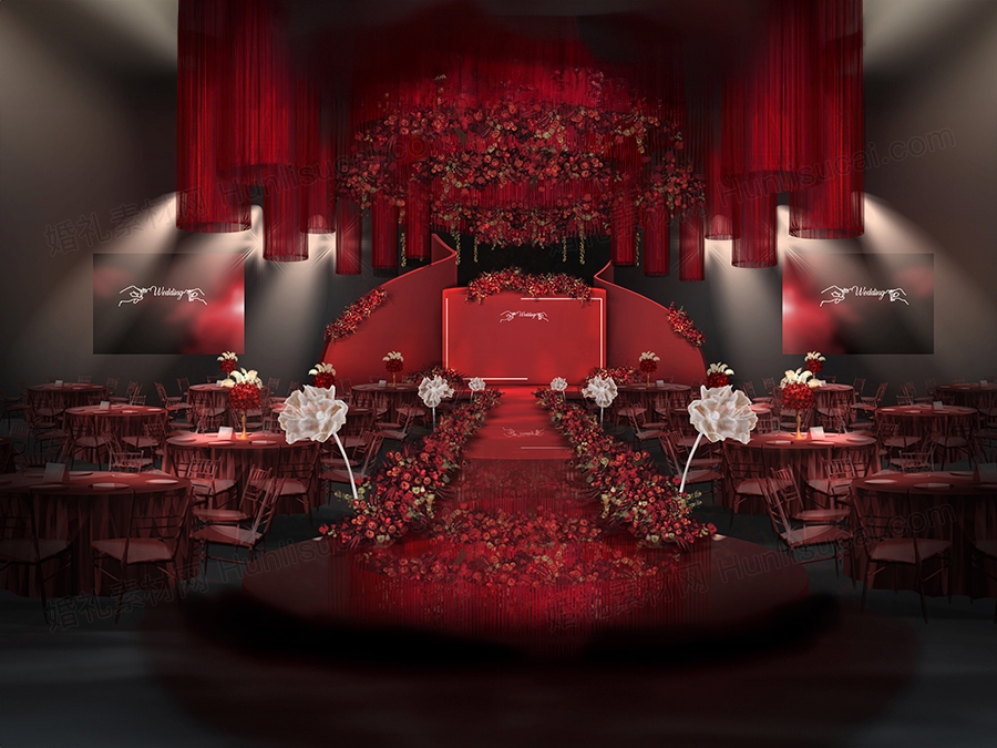 红色喜庆INS简约泰式异形创意弧形背景婚礼设计效果图素材 - 婚礼素材网