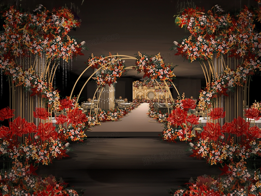 香槟色奢华欧式城堡拱门婚礼设计婚庆效果图舞台展示区背景素材 - 婚礼素材网