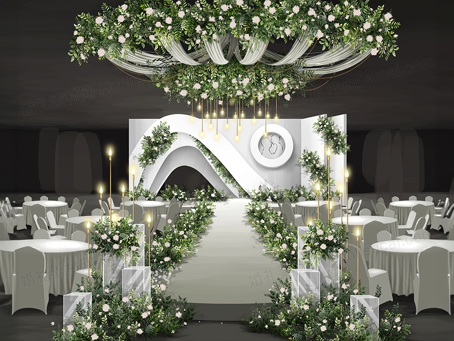 白绿色INS简约韩式小清新高端婚礼设计婚庆效果图舞台背景素材 - 婚礼素材网