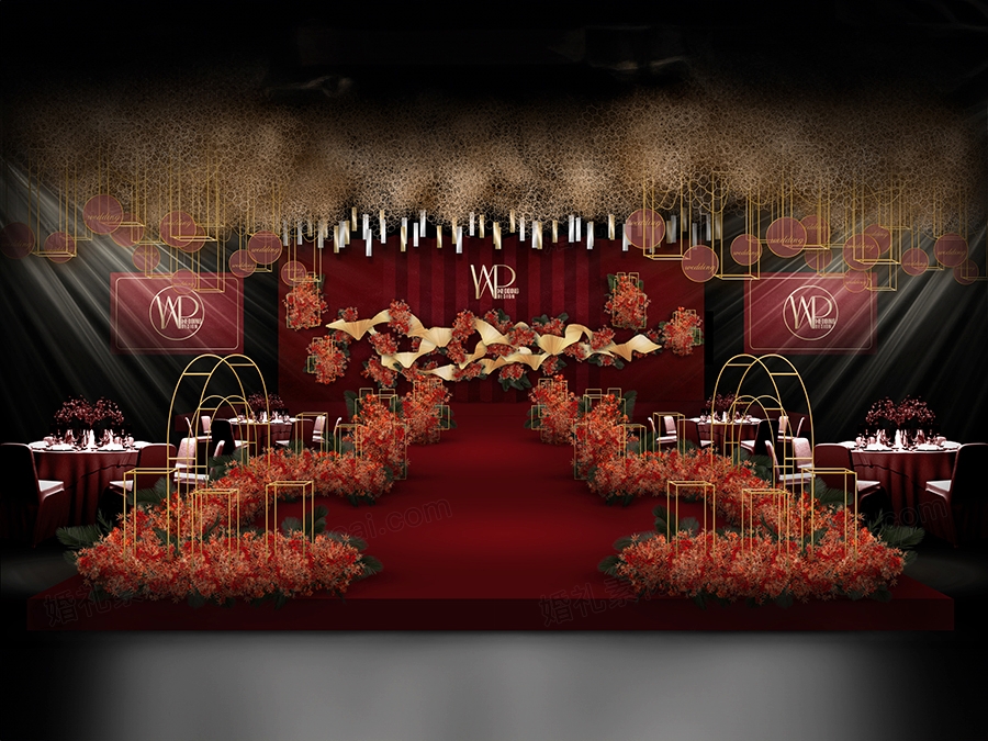 红色喜庆欧式高端婚礼设计婚庆舞台展示区签到区背景喷绘素材 - 婚礼素材网