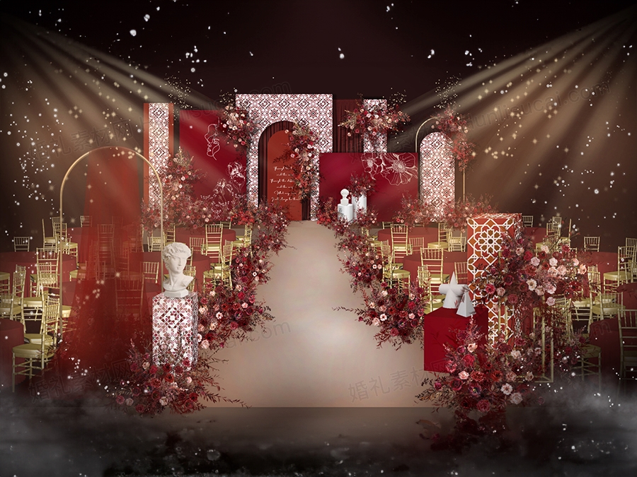 红色西式INS简约喜庆英格兰格子纹理婚礼设计婚庆舞台背景素材 - 婚礼素材网