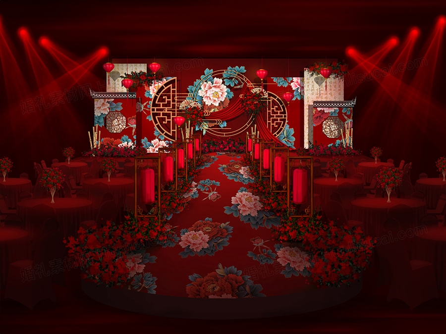 红色中式牡丹花喜庆高端婚礼设计婚庆手绘效果图背景方案素材 - 婚礼素材网