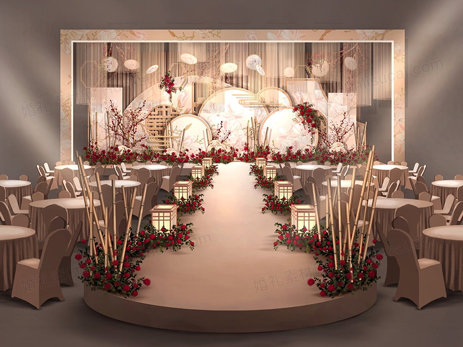 香槟色新中式兰花背景婚礼设计婚庆舞台效果图背景喷绘KT板素材 - 婚礼素材网