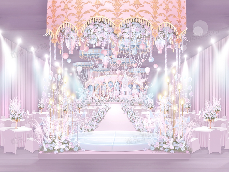 粉色粉蓝色少女心梦幻城堡摩天轮高端婚礼设计婚庆效果图素材 - 婚礼素材网
