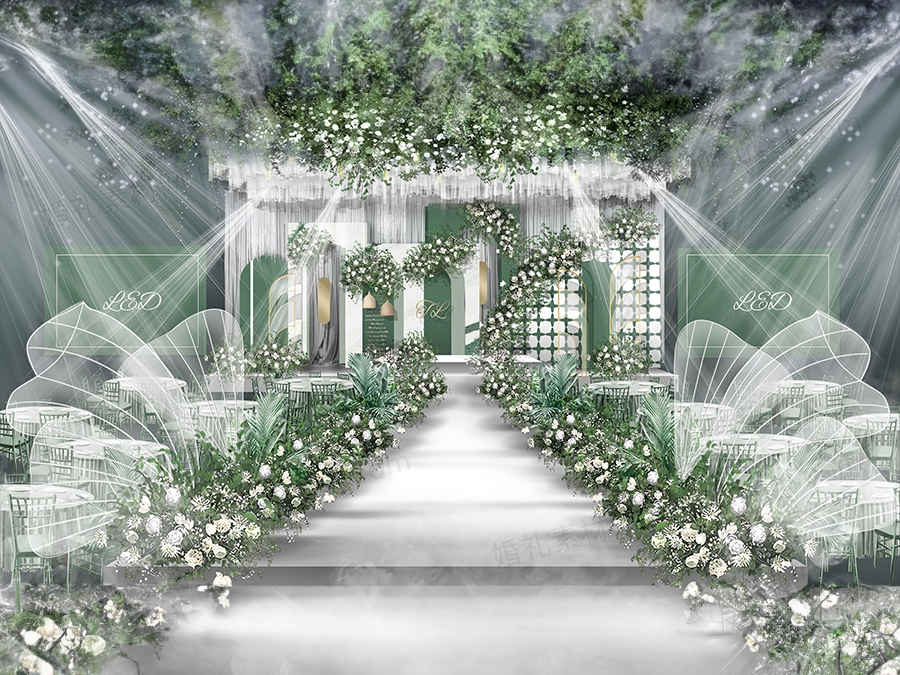 白色绿色高端INS简约风格西式婚礼设计婚庆效果图喷绘KT板素材 - 婚礼素材网