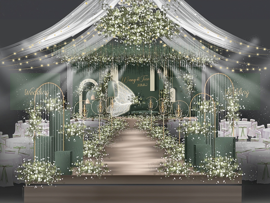 深绿色INS简约风格西式婚礼设计婚庆效果图背景喷绘KT板素材 - 婚礼素材网