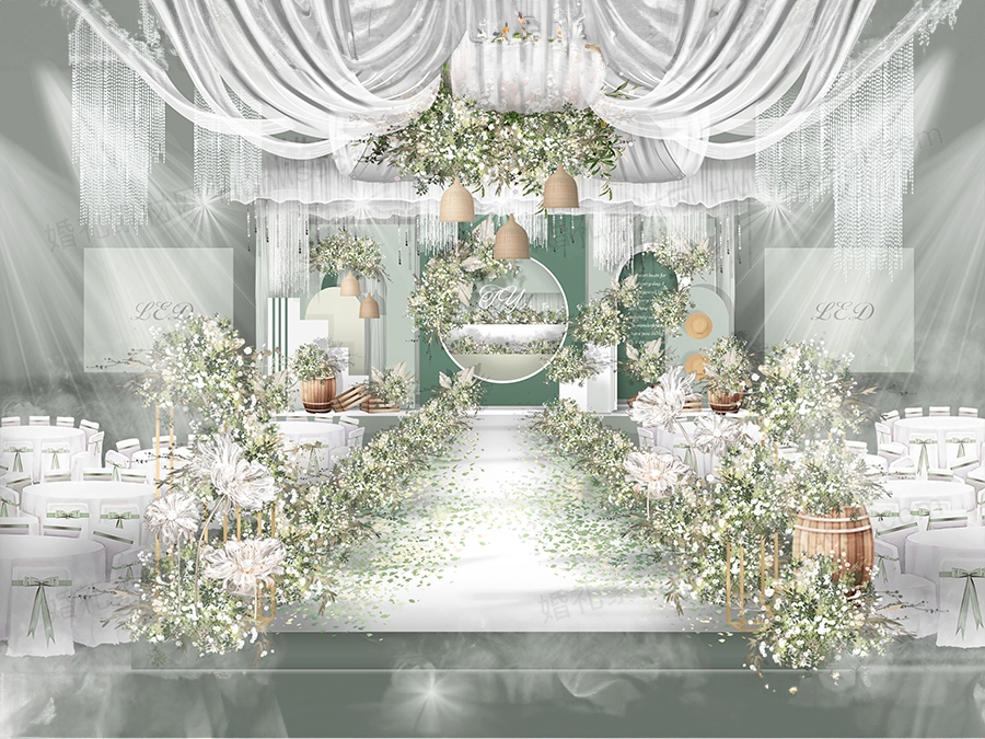 淡绿色水彩简约风格西式婚礼设计婚庆手绘效果图背景方案素材 - 婚礼素材网