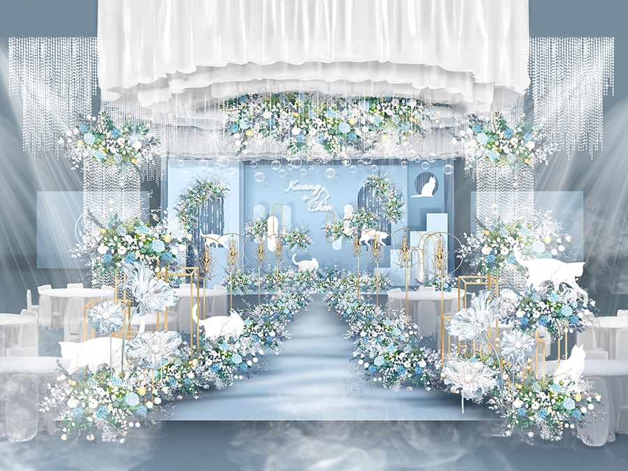 淡蓝色INS简约风格西式婚礼设计婚庆效果图背景方案喷绘素材 - 婚礼素材网