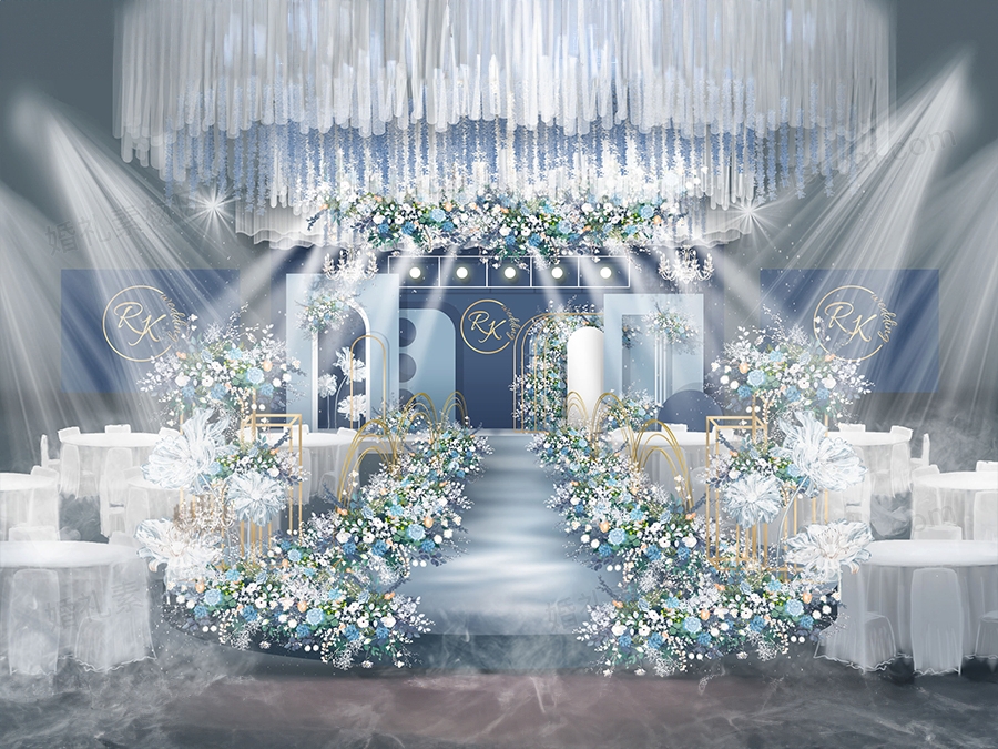 深蓝色INS简约风格西式婚礼设计婚庆舞台效果图背景喷绘素材 - 婚礼素材网