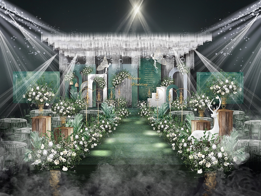 深绿色森系小鹿高端婚礼设计婚庆背景效果图喷绘KT板素材psd - 婚礼素材网