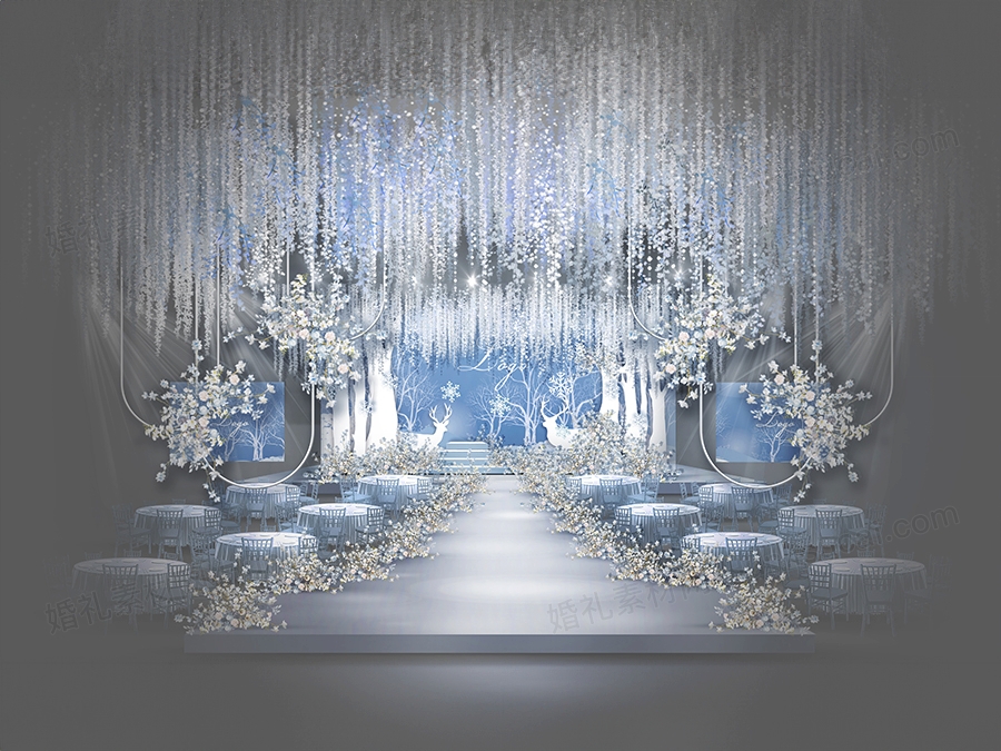冷色调蓝色冰雪雪花树林背景雄鹿森林森系婚礼设计背景素材效果图 - 婚礼素材网