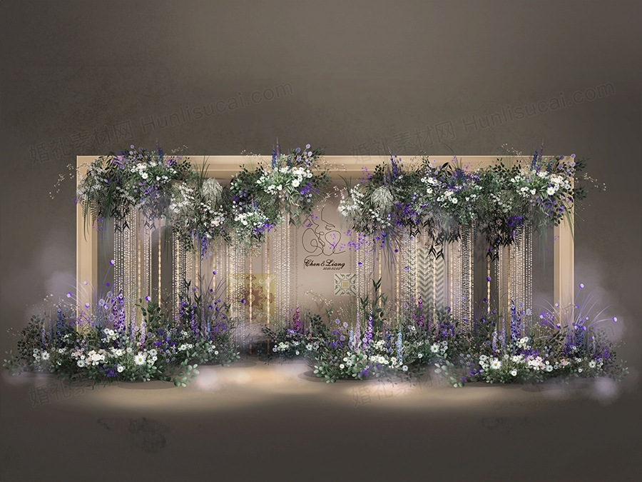 香槟色高端泰式紫色花艺婚礼珠帘设计婚庆手绘效果图背景素材 - 婚礼素材网