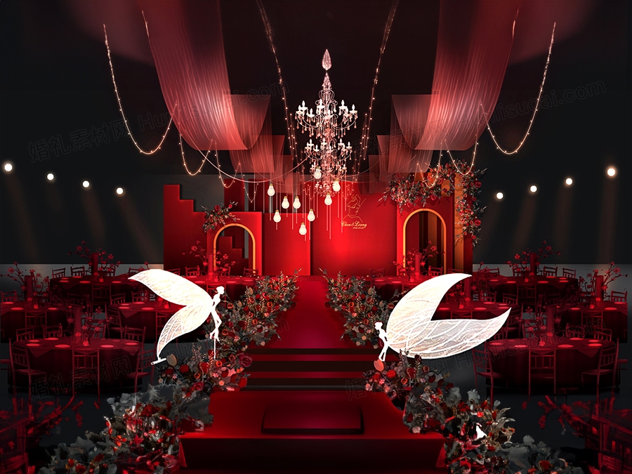 大红色西式喜庆高端简约时尚婚礼设计婚庆舞台效果图背景素材 - 婚礼素材网