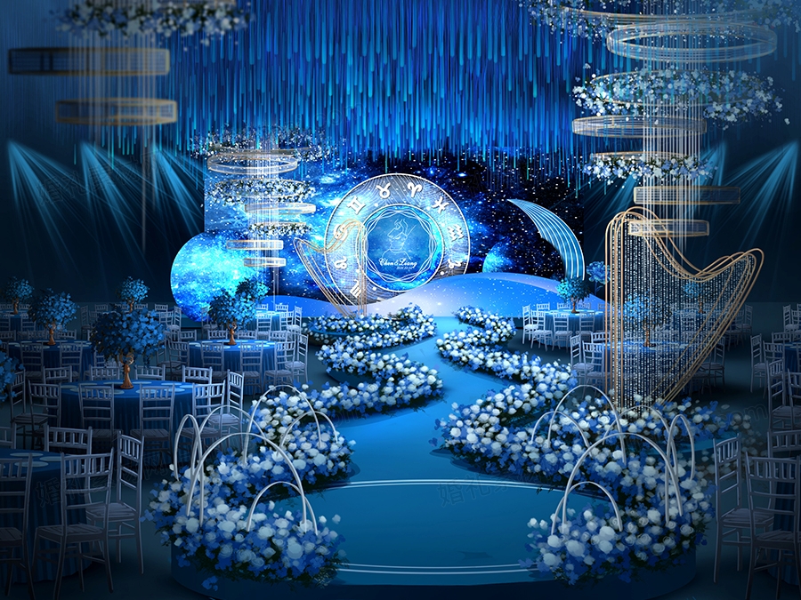 蓝色星空主题婚礼设计婚庆效果图舞台展示区背景喷绘KT板素材 - 婚礼素材网
