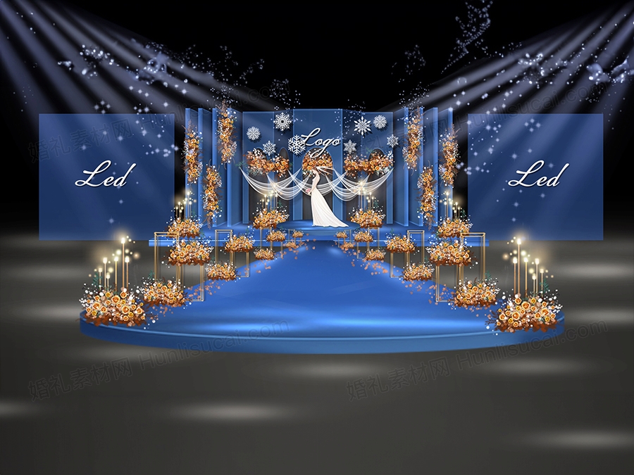 蓝色INS简约风格西式婚礼设计舞台效果图背景喷绘KT板素材 - 婚礼素材网