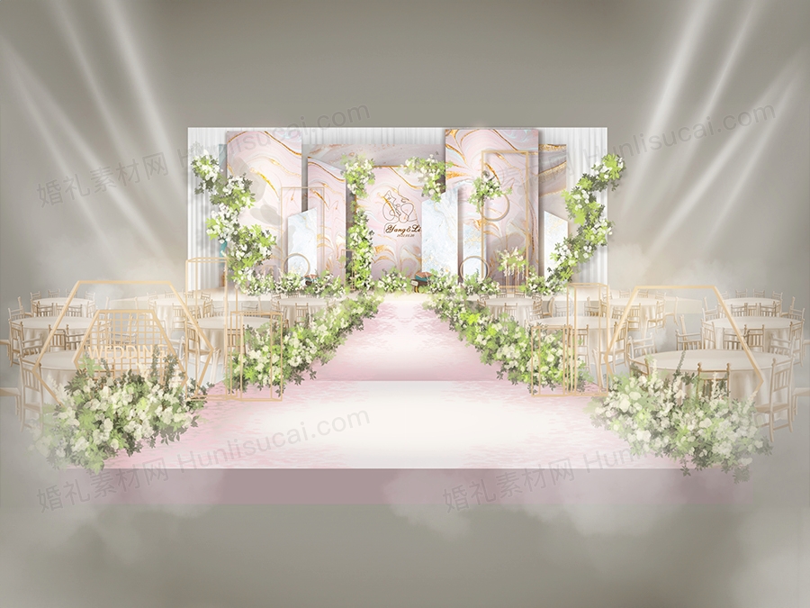 粉色小清新风格大理石鎏金时尚背景婚礼设计背景喷绘素材效果图 - 婚礼素材网