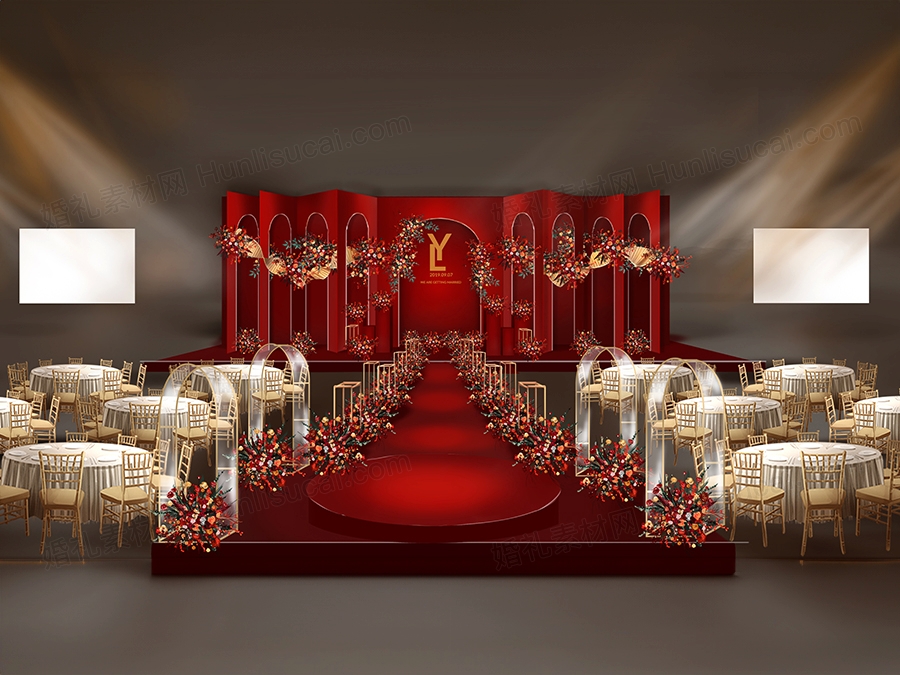 大红色喜庆高端欧式拱门INS简约风舞台效果图背景喷绘KT板素材 - 婚礼素材网