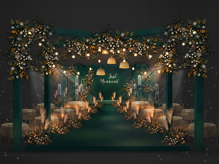深绿色森系主题INS简约泰式高端婚礼设计婚庆效果图背景素材 - 婚礼素材网