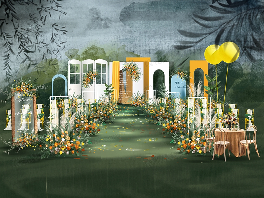 白色柠檬黄蓝色撞色风小清新风格户外草坪婚礼设计背景素材效果图 - 婚礼素材网