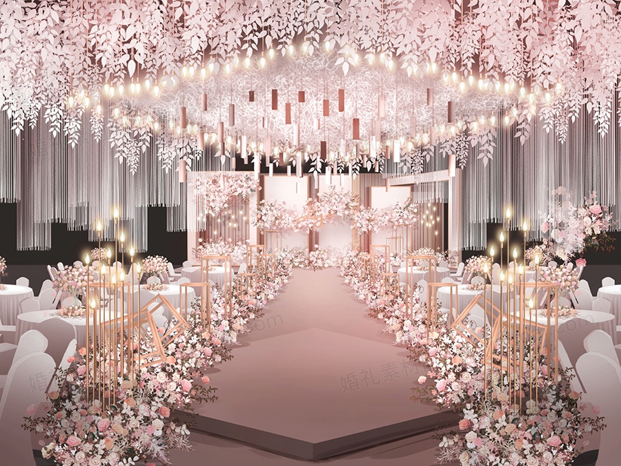 粉色高端欧式INS简约风格婚礼设计舞台效果图背景方案素材 - 婚礼素材网